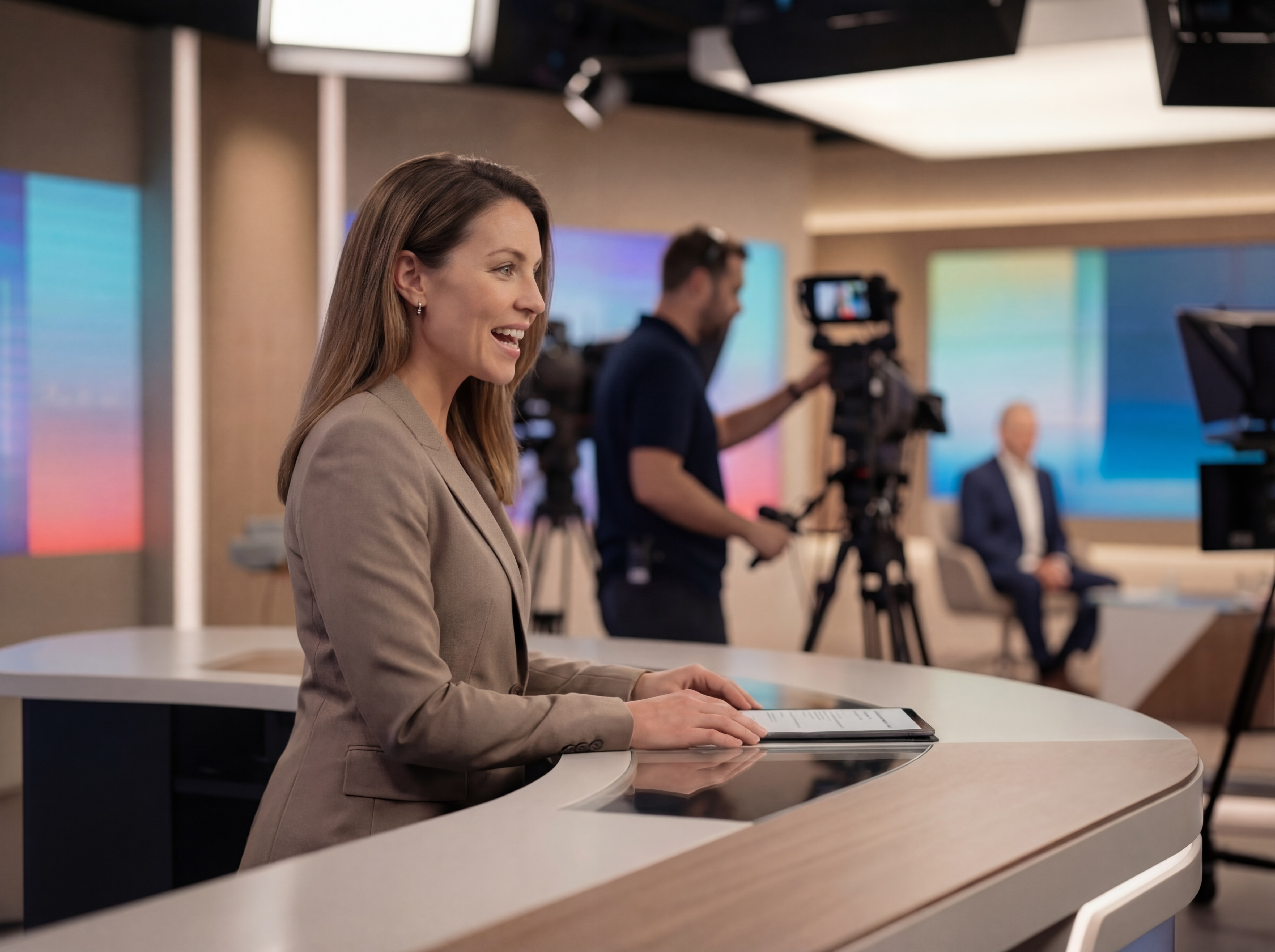 A woman presenting the news in a TV studio.