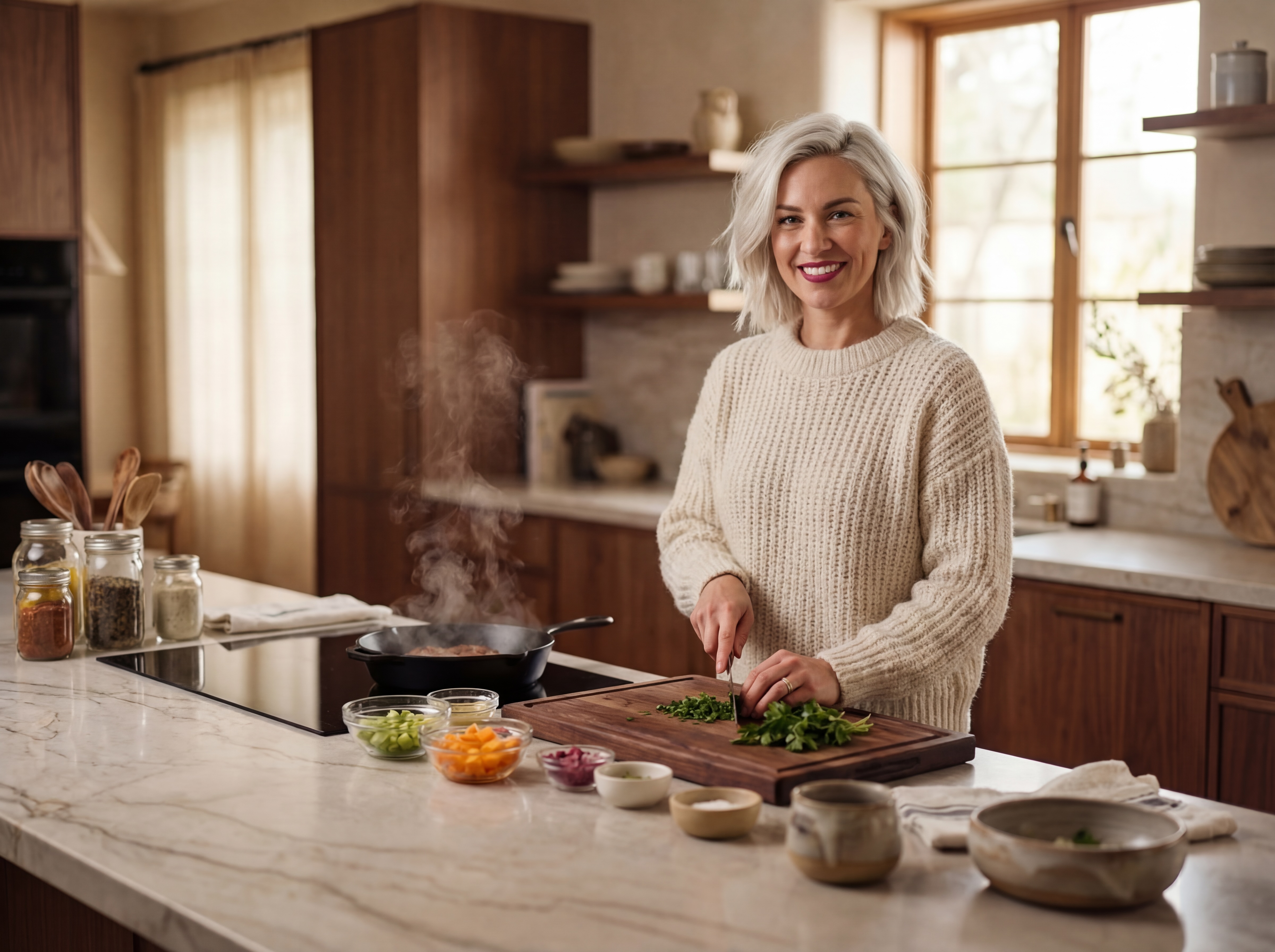 A woman chopping vegetables in a kitchen studio.