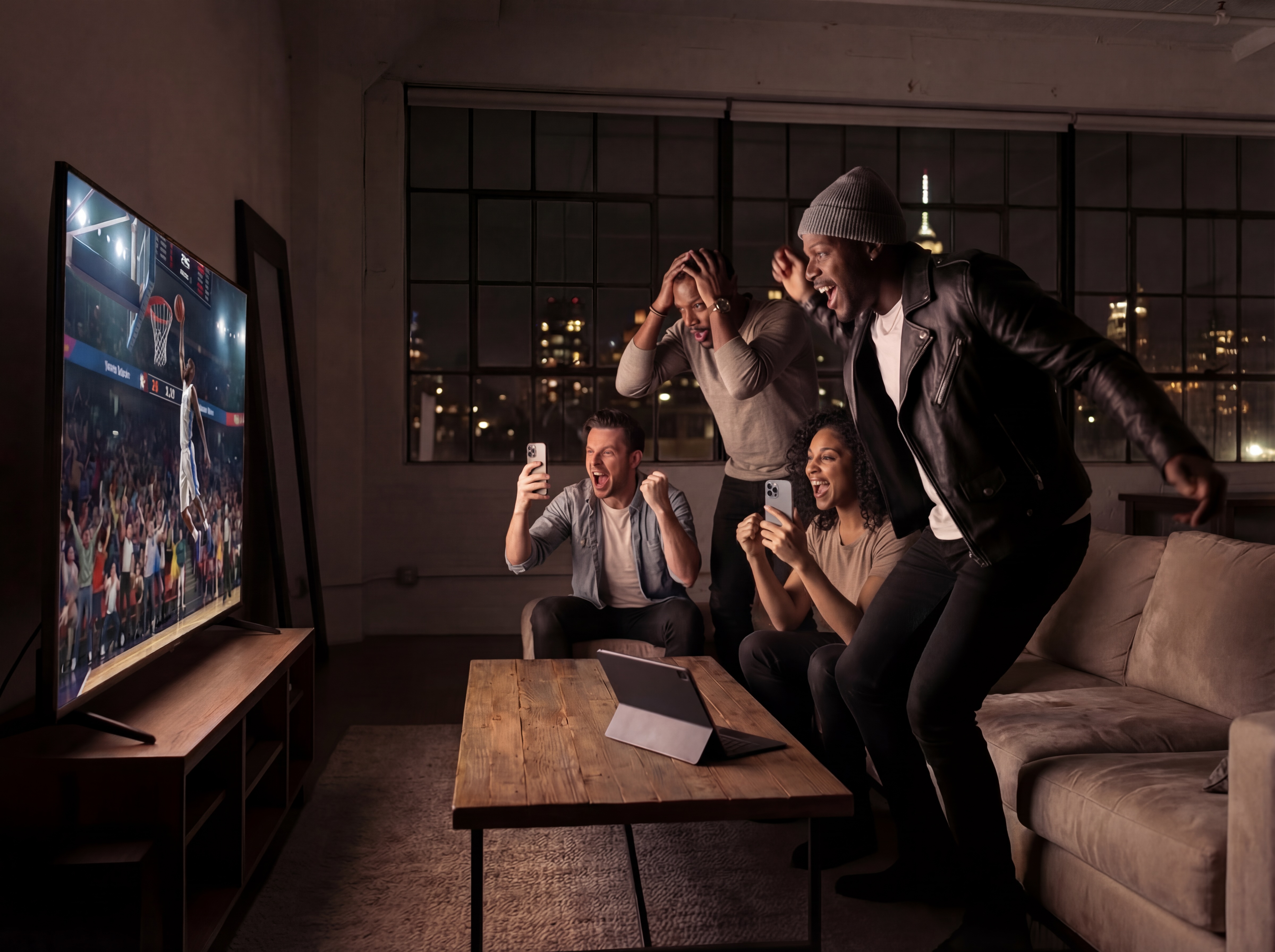 Four engaged friends watching live sports on TV. 