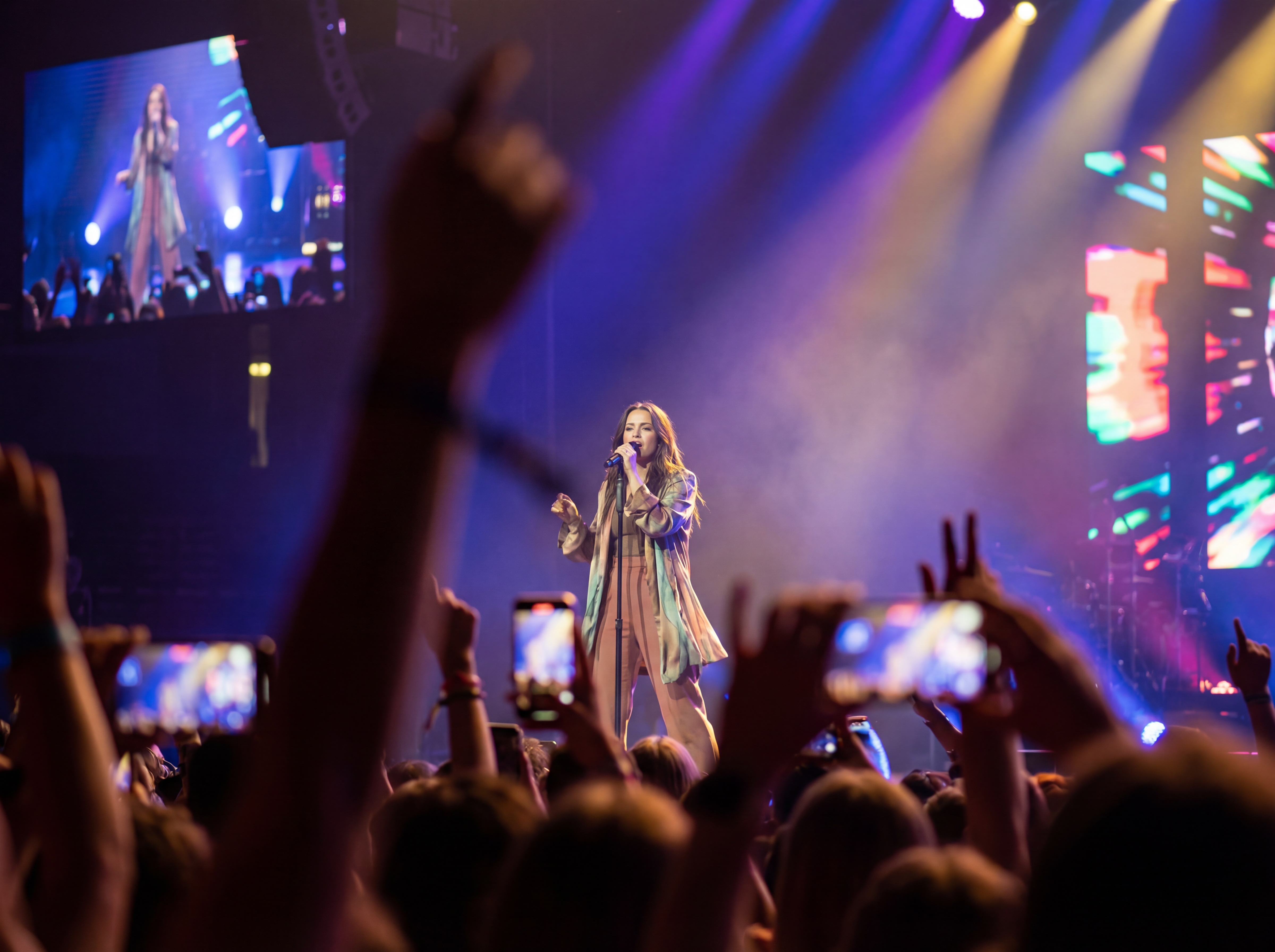 A female artist on a big stage in front of her fans.